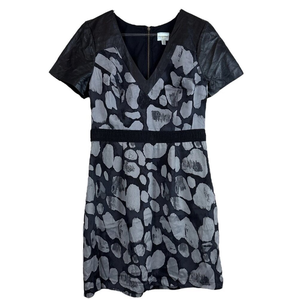 Tracy Reese Genuine Leather Silk Abstract Print Cocktail Dress Gray Black Size 8